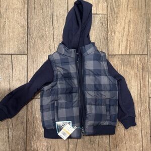 Kids Navy Blue Plaid Hooded Vest Jacket